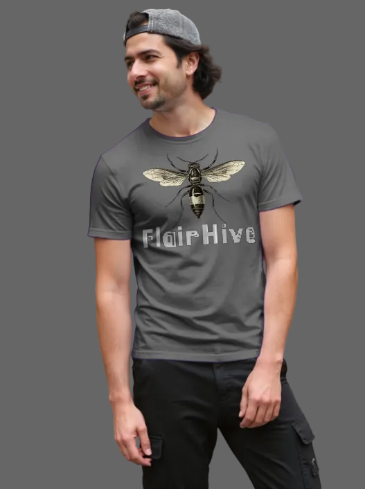 Man wearing a gray t-shirt with a bee design and 'FlairHive' text outdoors.
