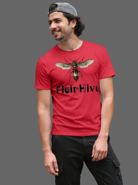 Man wearing a red t-shirt with a bee graphic and 'FlairHive' text outdoors.