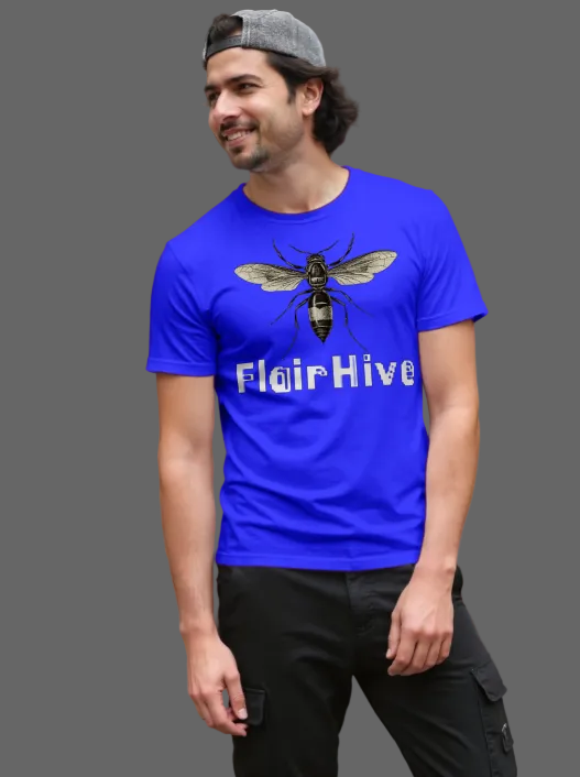 Man wearing a blue t-shirt with a bee graphic and 'FlairHive' text, standing outdoors.