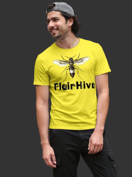 Man wearing a yellow t-shirt with a bee design and 'FlairHive' text, standing outdoors.