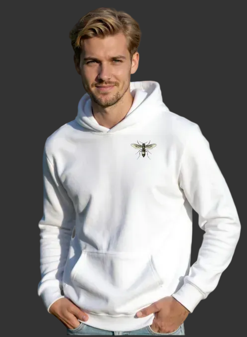 Man wearing a white hoodie with a small logo on a white background