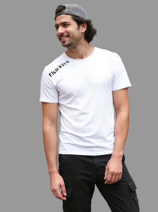 Man wearing a white t-shirt with FlairHive logo outdoors