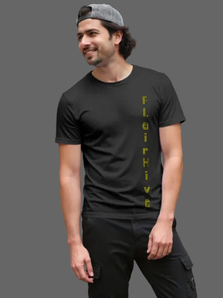 Man wearing a black t-shirt with yellow text outdoors